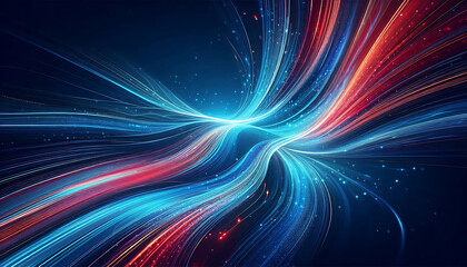 Abstract digital artwork featuring vibrant blue and red light trails swirling against a dark background with glowing dots that add depth and dimension to the design