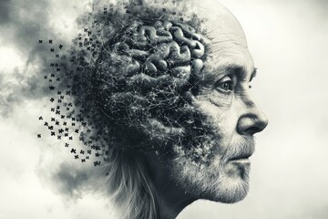 Abstract portrait of an elderly man with neural disintegration symbolizing the fragility of memory and cognitive decline in an expressive conceptual design