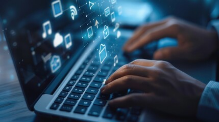 Person Working on Laptop with Digital Icons