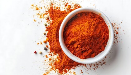 Bowl of paprika powder isolated on white background, top view