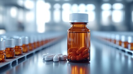 Pharmaceutical Bottles and Pills on Factory Conveyor Belt