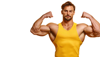 A man with a muscular build is posing for a photo in a yellow tank top