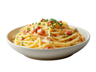 Delicious spaghetti served with creamy sauce, topped with diced bacon and fresh herbs. Perfect for a comforting meal.