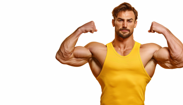 A man with a muscular build is posing for a photo in a yellow tank top - Powered by Adobe