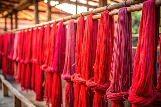 Vibrant crimson hue permeates handwoven fabric as artisanal madder dyeing process unfolds, showcasing ancient craft's striking results in subtle, nuanced color gradations.