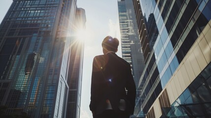 Businessman Looking Up at Skyscrapers