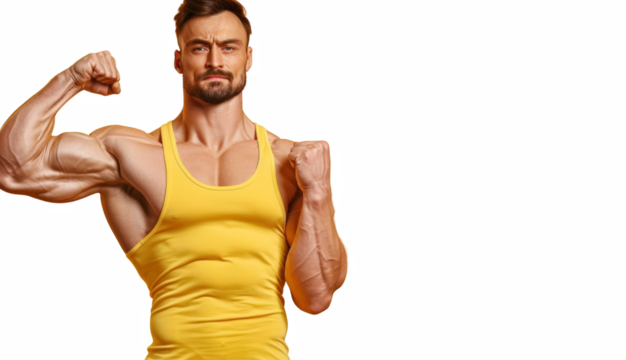 A man with a muscular build is posing for a photo in a yellow tank top