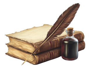 An antique quill, ink bottle, and old leather-bound books, symbolizing the art of writing and literature's rich history.
