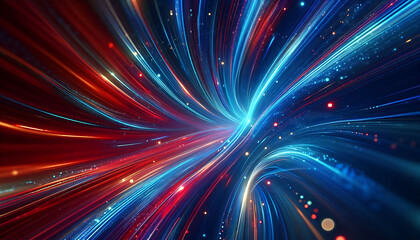Obraz premium Abstract digital artwork featuring vibrant blue and red light trails swirling against a dark background with glowing dots that add depth and dimension to the design