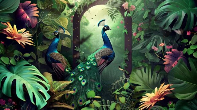 tropical leaves greenery with green leaves and colorful peacock birds over black background