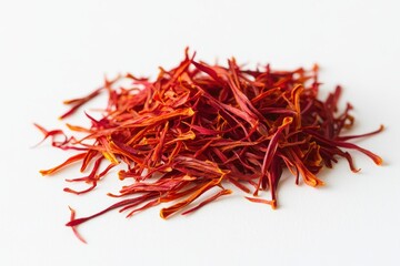 A pile of vibrant saffron threads, used as a spice for flavor and color in cooking.