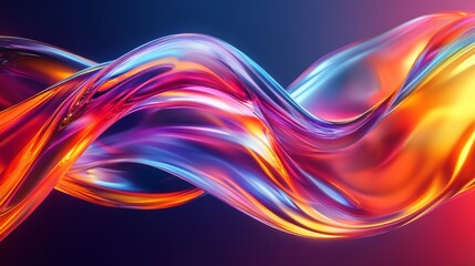 Abstract liquid glass ribbon with holographic texture flows in a dynamic curve, exhibiting vibrant colors and dispersion light, creating a captivating and glossy design element.