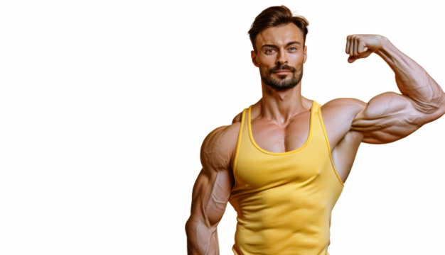 A man with a muscular build is posing for a photo in a yellow tank top