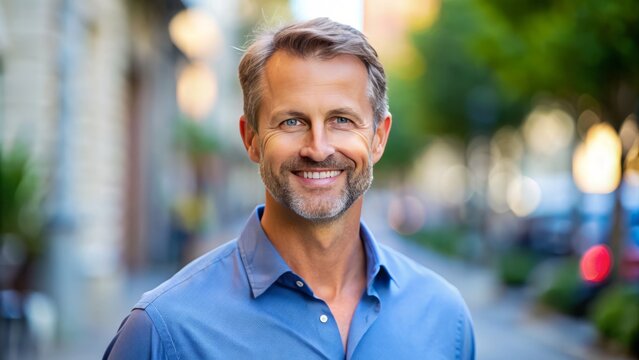 A fit, middle-aged man with a friendly smile and short hair, wearing a casual blue shirt, standing outdoors with a subtle background blur.