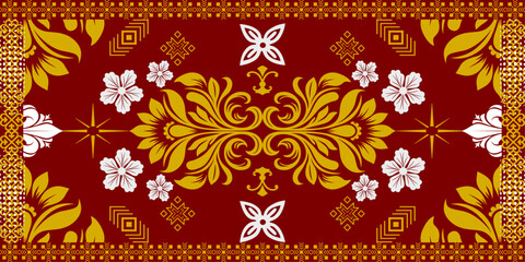 A simple name for this image could be Abstract Floral Pattern with Gold and Red Vintage Flowers
