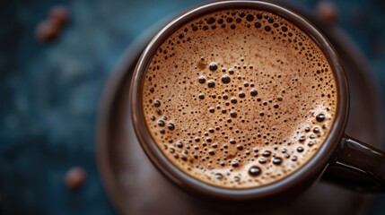 Close-up of Foamy Coffee in a Brown Mug