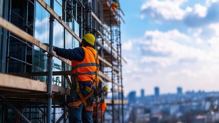 Construction worker installing glass on a high-rise building, showcasing teamwork and safety in an urban environment.