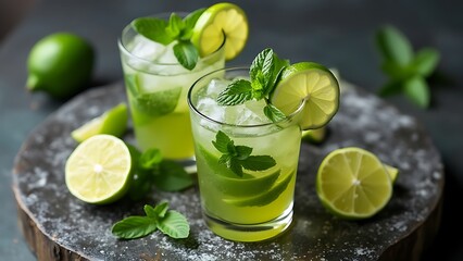 Fototapeta premium Mojito lime drinks on stone, shot from upper view