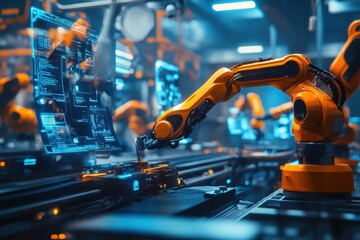 A futuristic industrial setting featuring robotic arms working on a production line with holographic data displays