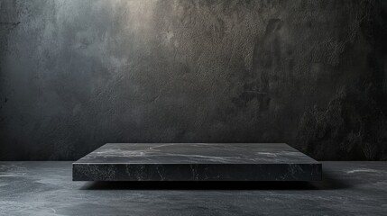 Dark minimalist stone platform against an abstract background. An elegant and modern design showcasing a clean and sophisticated aesthetic.