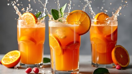 Fototapeta premium Three glasses of drink with splashing oranges