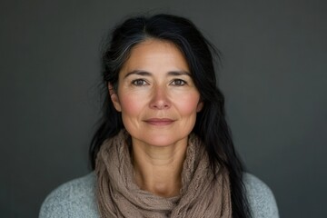 Obraz premium A woman with long dark hair and a friendly expression stands confidently against a dark background, wearing a warm sweater and scarf for comfort. Generative AI