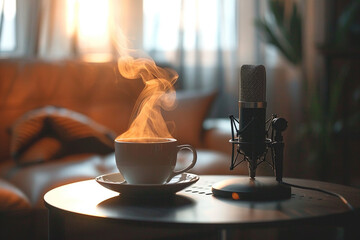 Creating podcast or music with mic, remote woking on radio in home atmosphere concept. Content creator workplace home studio with retro vintage microphone and hot coffee tea beverage cup on the table