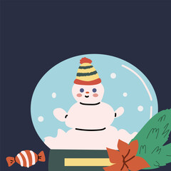 Cute xmas square greeting card with glass bauble and festive decorations. Hand drawn vector illustration. Flat cartoon xmas background.