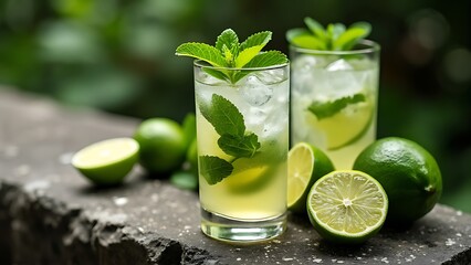 Fototapeta premium Mojito lime drinks on stone, shot from upper view