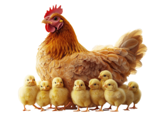 A proud hen with her adorable fluffy chicks, showcasing nurturing and family in a vibrant farm setting.