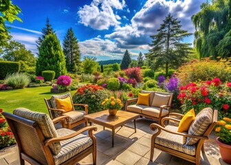 Vibrant flowers and lush greenery surround a serene patio, complete with comfortable outdoor seating, amidst a picturesque garden backdrop with a bright sunny sky.