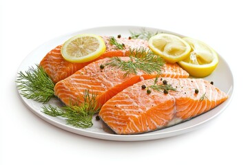 A plate of fresh salmon fillets garnished with lemon slices and dill.