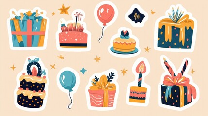 Funky 90s-style birthday stickers set, featuring playful illustrations of gifts, balloons, and cakes. Perfect for trendy holiday labels and retro-themed celebrations.
