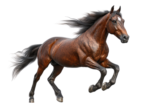 A majestic brown horse running gracefully with flowing mane and a powerful stance in a dynamic pose.
