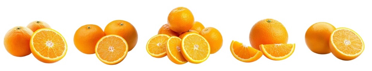 One whole orange and one sliced orange isolated on a white background, photograph, PNG. PNG collection. PNG image. PNG files