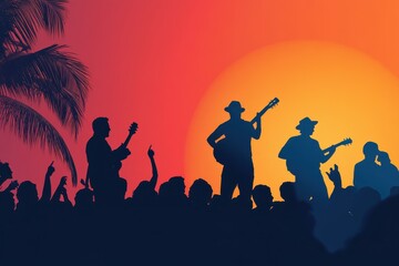 Hispanic Music Festival: A concert scene with musicians on stage playing Latin instruments, with a crowd dancing and enjoying the performance.