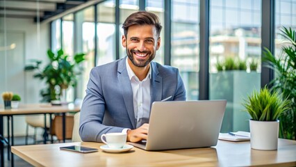 Fototapeta premium A happy business professional with a bright smile sits in front of a laptop, surrounded by modern office decor, exuding confidence and success.