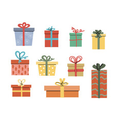 Cute xmas present box set in festive craft wrapping paper with ribbon and bow. side view. Christmas gift vector illustration for Happy Holidays concept. Craft Present box and mistletoe