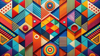 Vibrant geometric art piece featuring intersecting lines and minimalist icons in bold colors, creating a visually striking composition with dynamic shapes and textures.