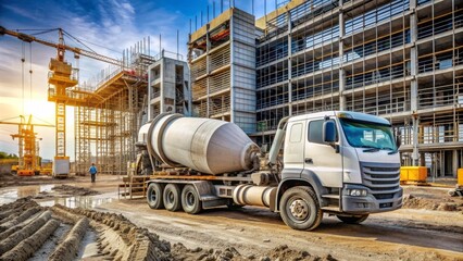 Naklejka premium A heavy-duty concrete mixer truck pours fresh cement mix onto a construction site, surrounded by steel reinforcement bars and building equipment.