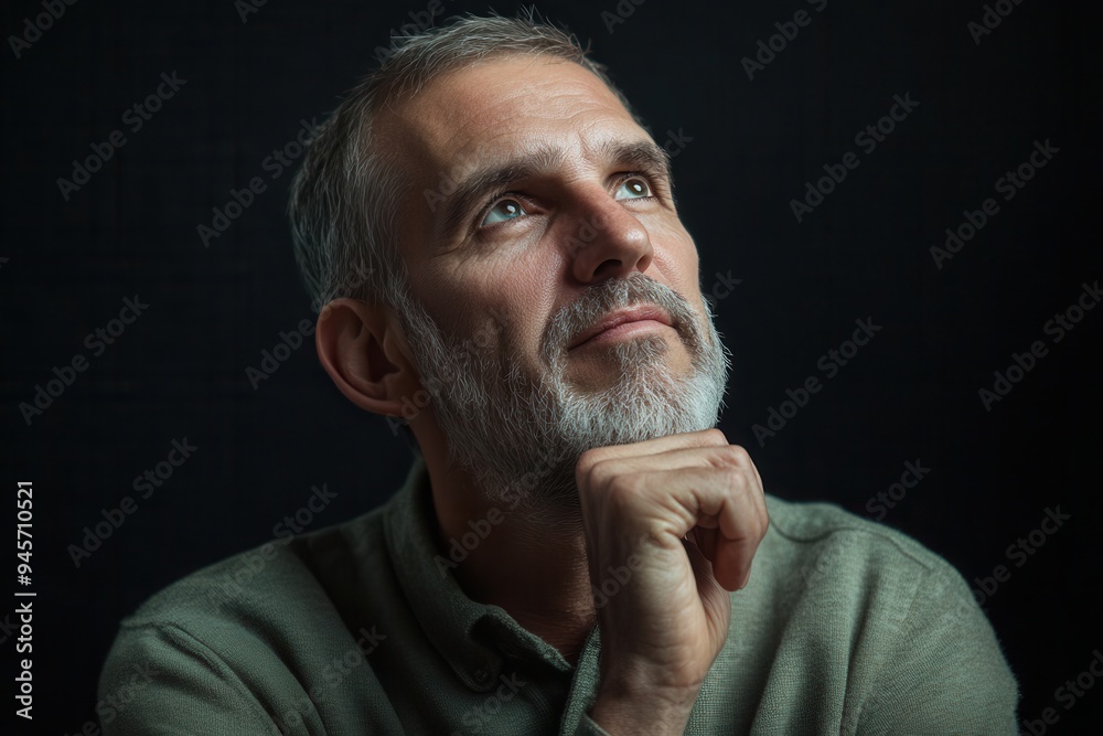Poster a man with a beard sits thoughtfully in a softly lit space, his hand on his chin, lost in reflection