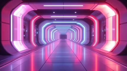 A sci-fi corridor with RGB strip lights along the floor and ceiling, creating a futuristic atmosphere as the colors pulse and shift in patterns