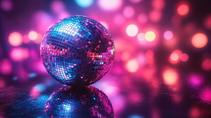 A close-up of a spinning disco ball, with RGB lights reflecting off its surface, casting colorful patterns across the room, creating a lively and energetic atmosphere