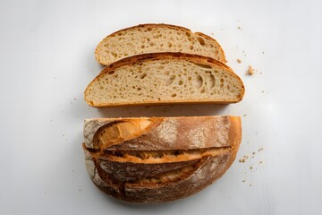 A photo of a top view of a sliced bread on a white background.