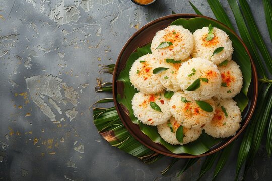 South Indian food.Indian idly or idli.Sambar coconut chutney.A plate of fluffy idlis served with coconut chutney on a banana leaf, with ample copy space