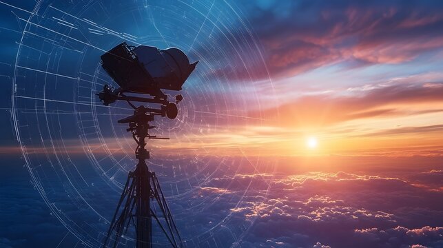 Advanced Radar System Scanning the Horizon for Potential Threats in Dramatic Sky Landscape
