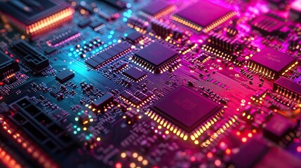 Obraz premium A close-up shot of a digital circuit board under RGB lighting, each component casting a colorful glow, highlighting the intricate design and complexity