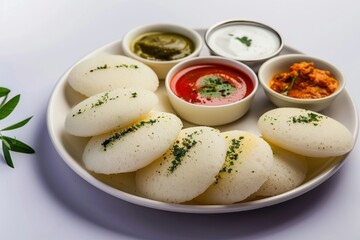 A plate of mini idlis garnished with spices and served with a variety of chutneys, ample copy space.South Indian food.Indian idly or idli.Sambar coconut chutney.