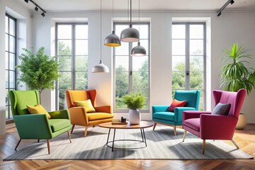 Minimalist interior design of modern living room with vibrant colorful multicolored armchairs.