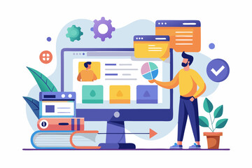 Build website with template customization, SEO optimization for search result, develop app or wireframe, customizable software development concept, hands help building website on computer screen.
